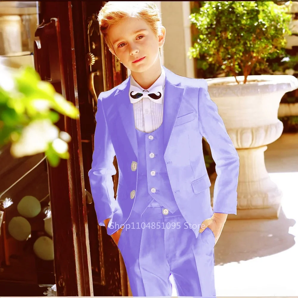 Light Purple High Quality Boy Suits Slim Fit Single Breasted Notch Lapel Elegant Boy 3 Piece Jacket Pants Vest Party Kids Sets