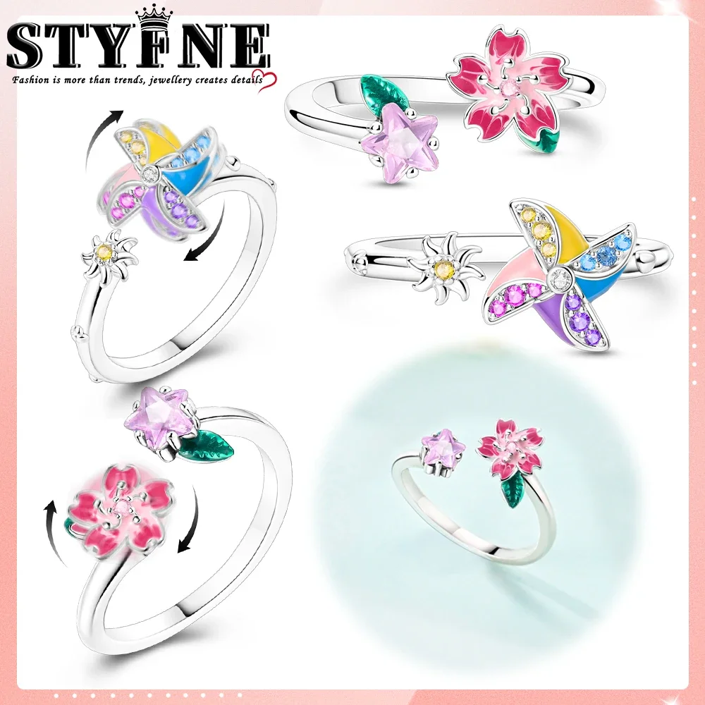 Women‘s Adjustable Open Rings 925 Sterling Silver BRotating Pink Cherry Blossom Windmill Original Free Size Ring Wedding Jewelry