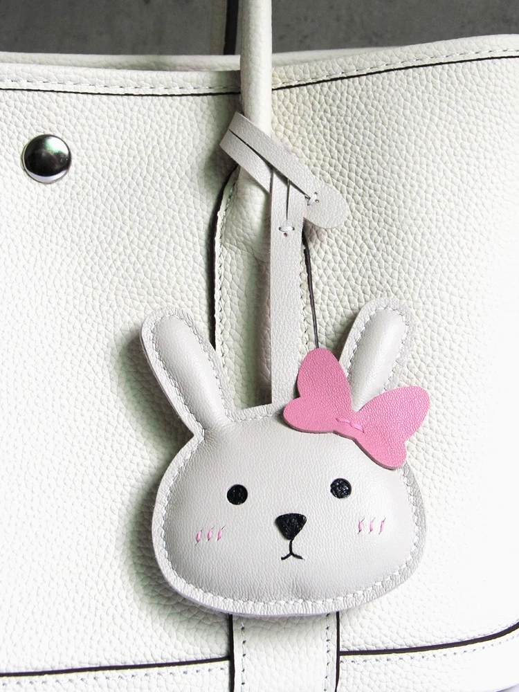 Genuine leather butterfly knot little bunny bag charm bag accessory keychain decoration handmade cute and simple gift