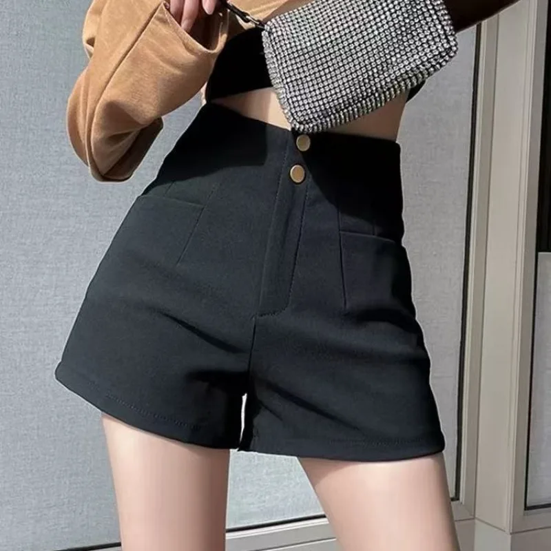 

Черные костюмные шорты с высокой талией для женщин, новинка 2023 года, модная осенне-зимняя верхняя одежда, шорты трапециевидной формы