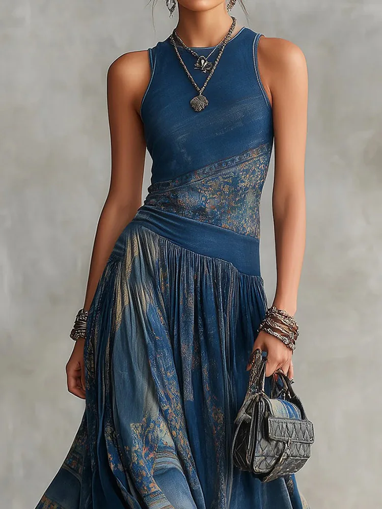 

Vintage Women Sleeveless Patchwork Party Dress 2026 Spring Summer Ladies Round Neck Maxi Dress Casual Female Dresses Streetwear