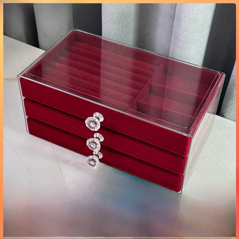 Dustproof Velvet Jewelry Storage Box Earring Ring Organizer Drawer Style Wine Red Fabric Cosmetic Desk Jewelry Case