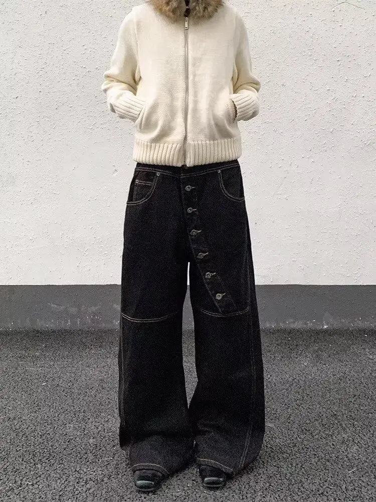 Lente en herfst zwarte losse broek met wijde pijpen met meerdere knopen - unisex high-end veelzijdige casual luie flare denim jeans met lage taille