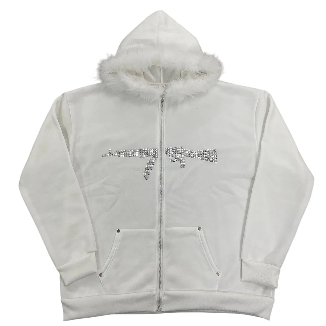 Ladies' Spring and Autumn Y2K Fur Trimmed Hooded Zipper Hoodie Gothic Zipper Cardigan Sweatshirt - view 5