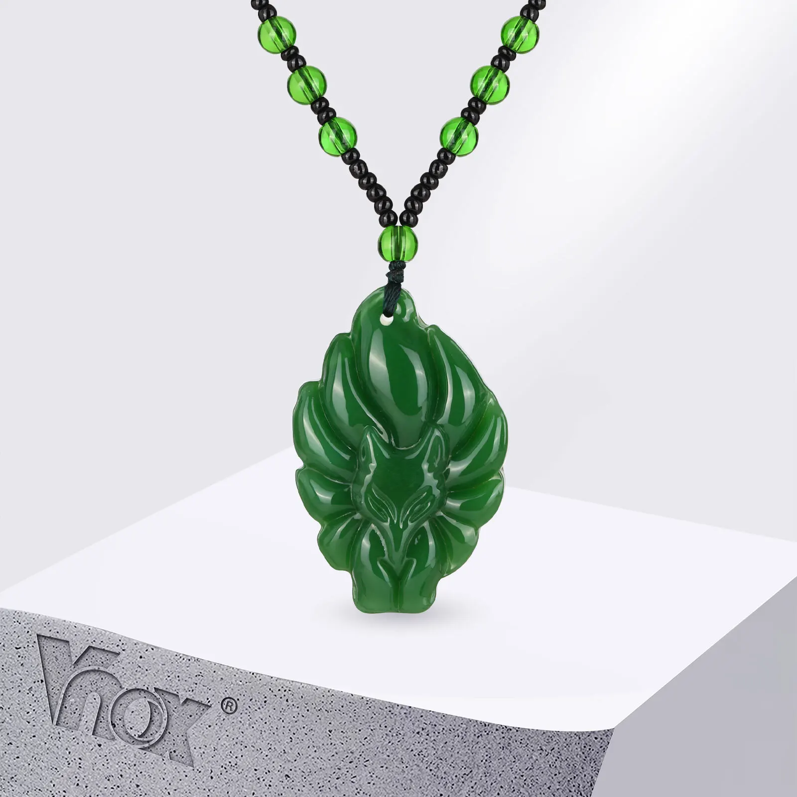 

Vnox Green Hand-carved fox Amulet Pendant Necklace Thin Beads Rope Chain Charms Lucky Jewelry For Women Men