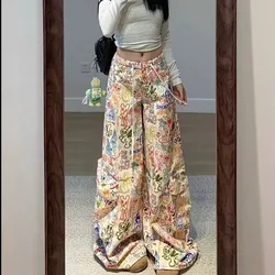 Graffiti Print Y2K Streetwear Design Cargo Pants Women French Aesthetic Art Wide Leg Pants Women Cute All-match Casual Trousers