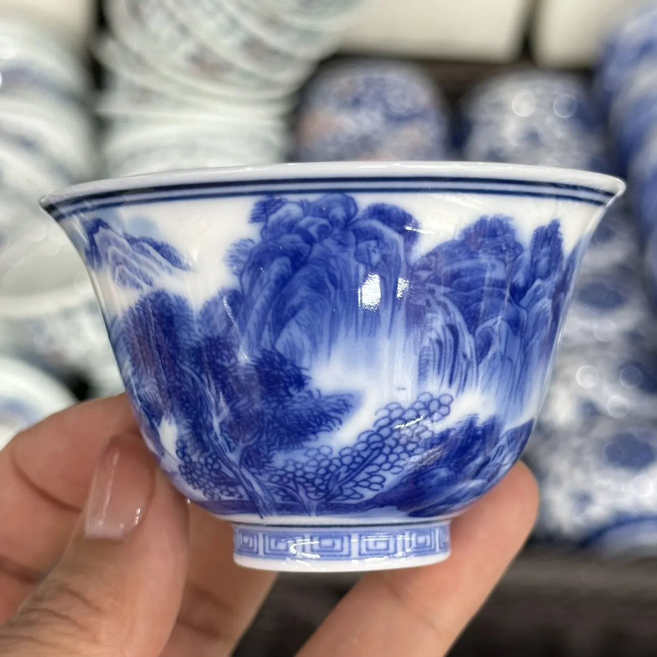 Blue and White Porcelain Landscape Tea Tasting Cup Single Cup Cup Single Ceramic Tea Bowl Tea Bowl Small Cup