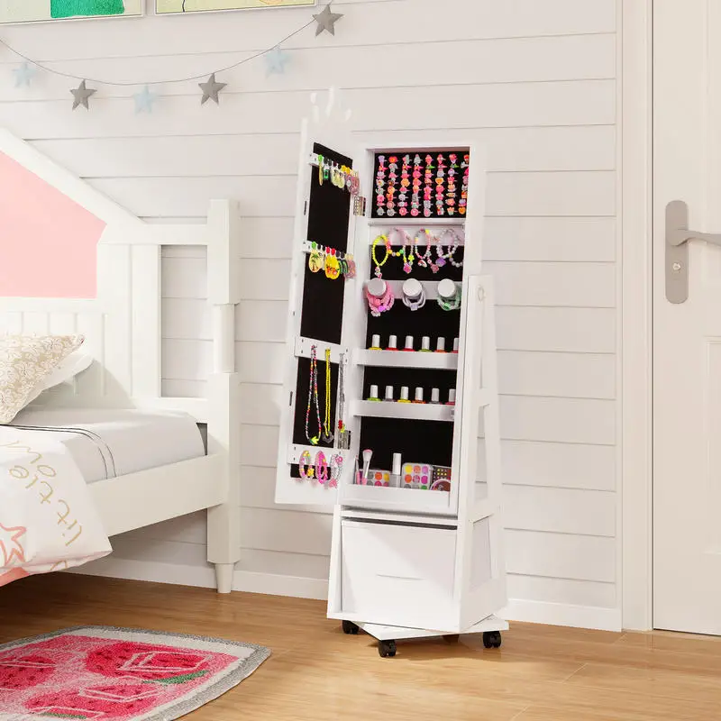 Armoire à bijoux pour enfants avec base pivotante et roulettes universelles verrouillables - Blanc