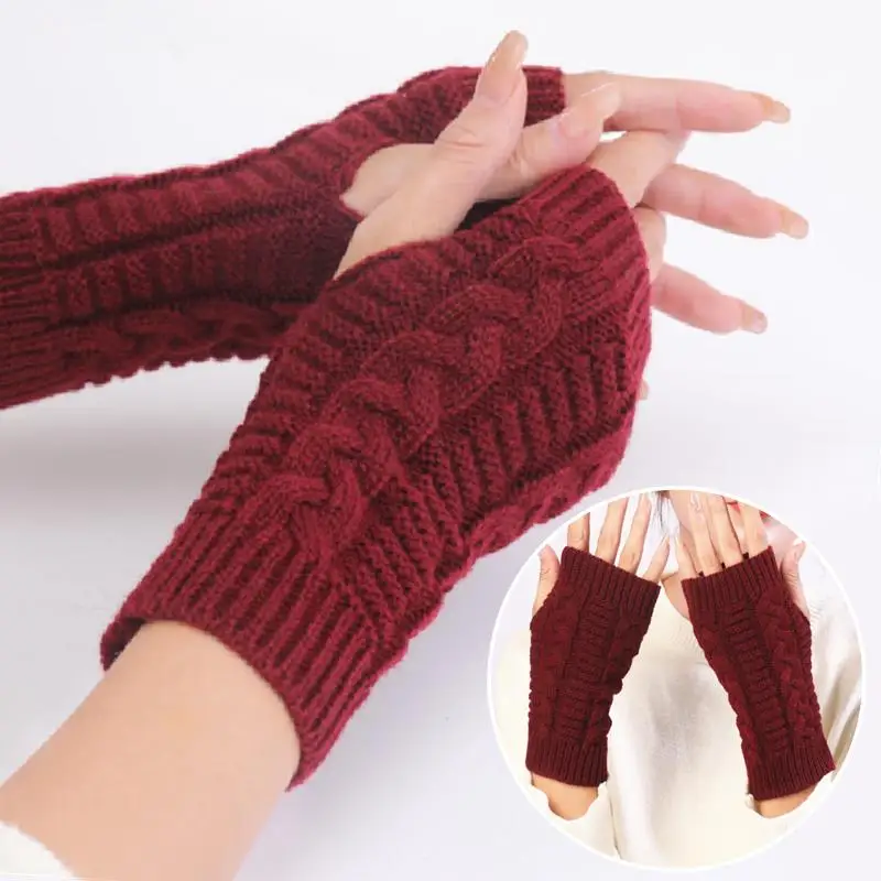 Stilvolle Damen-Handwärmer Winterhandschuhe Gehäkelte Strickhandschuhe aus Kunstwolle Warme Fingerlose Handschuhe mit Zopfmuster Damenhandschuhe