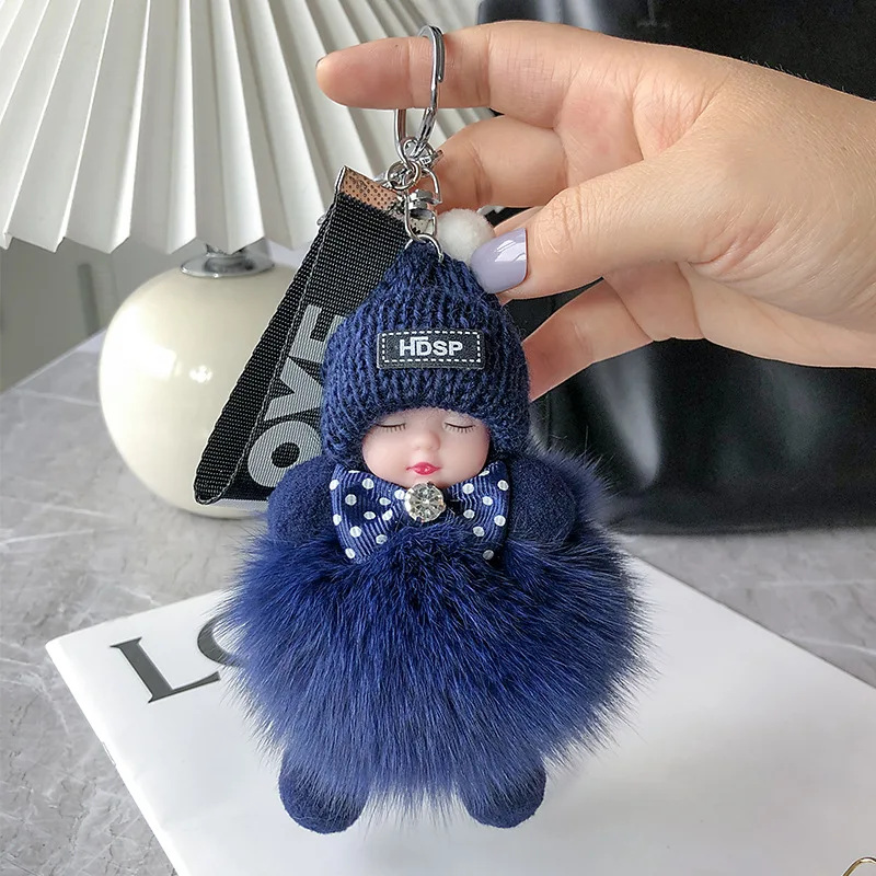 Lovely Sleepy Baby With Pretty Smooth Fox Fur Bag Chain Key Ring K011