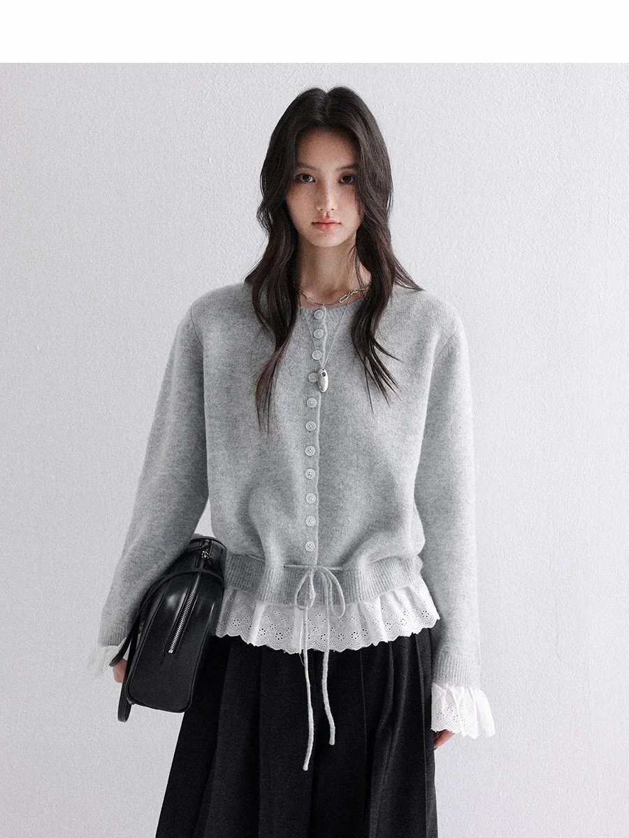

CHACHASTU Vintage Lace Trim Splicing Knot Design Knitted Sweater Layering Outerwear Women's Fashion Commute Style Autumn Wear
