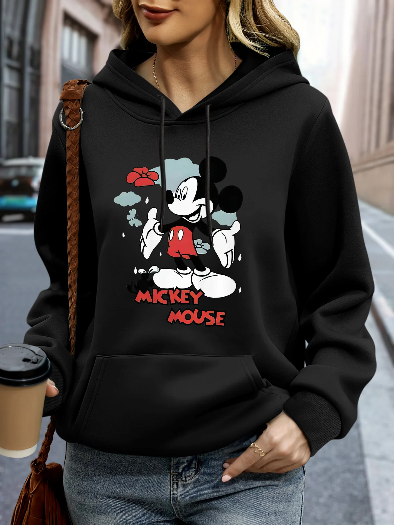 Damen Disney Classic Mickey Mouse Pose Hoodies Baumwolle Gemütlich Fleece Hoody Sweatshirt Pullover Herbst Winter Oversize Lose Mantel