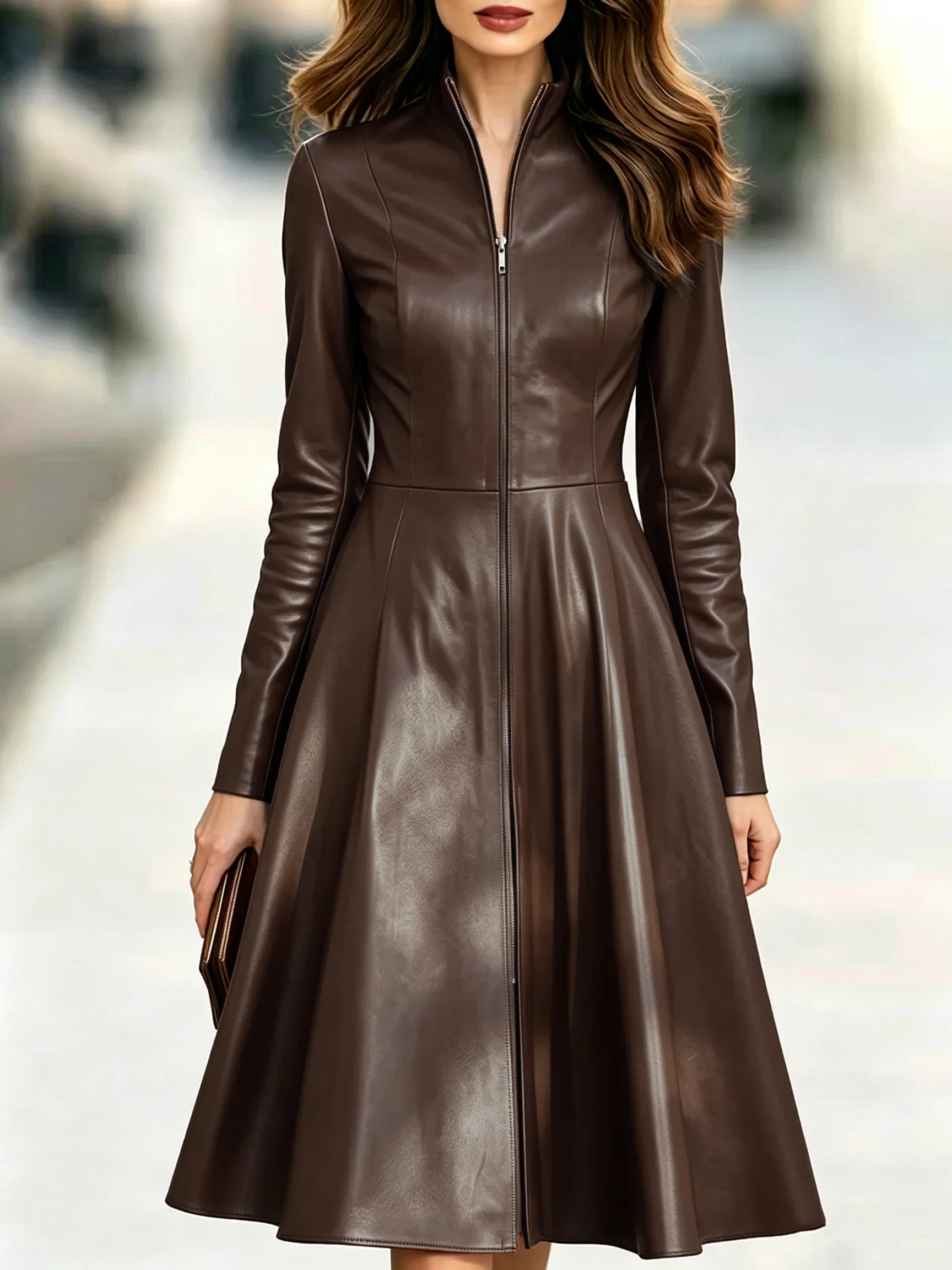 Women PU Leather Stand Collar Long Sleeve Midi Dress Retro Fitted Waist Flared Skirt Elegant Party Casual Outfit 3