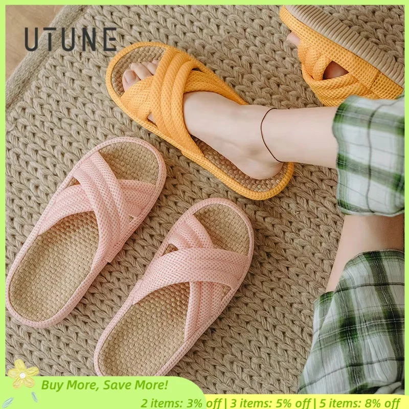 UTUNE Natürliche Leinen Mesh Hausschuhe Frauen Cross-Tied Slides Sandalen Damen Outside Street