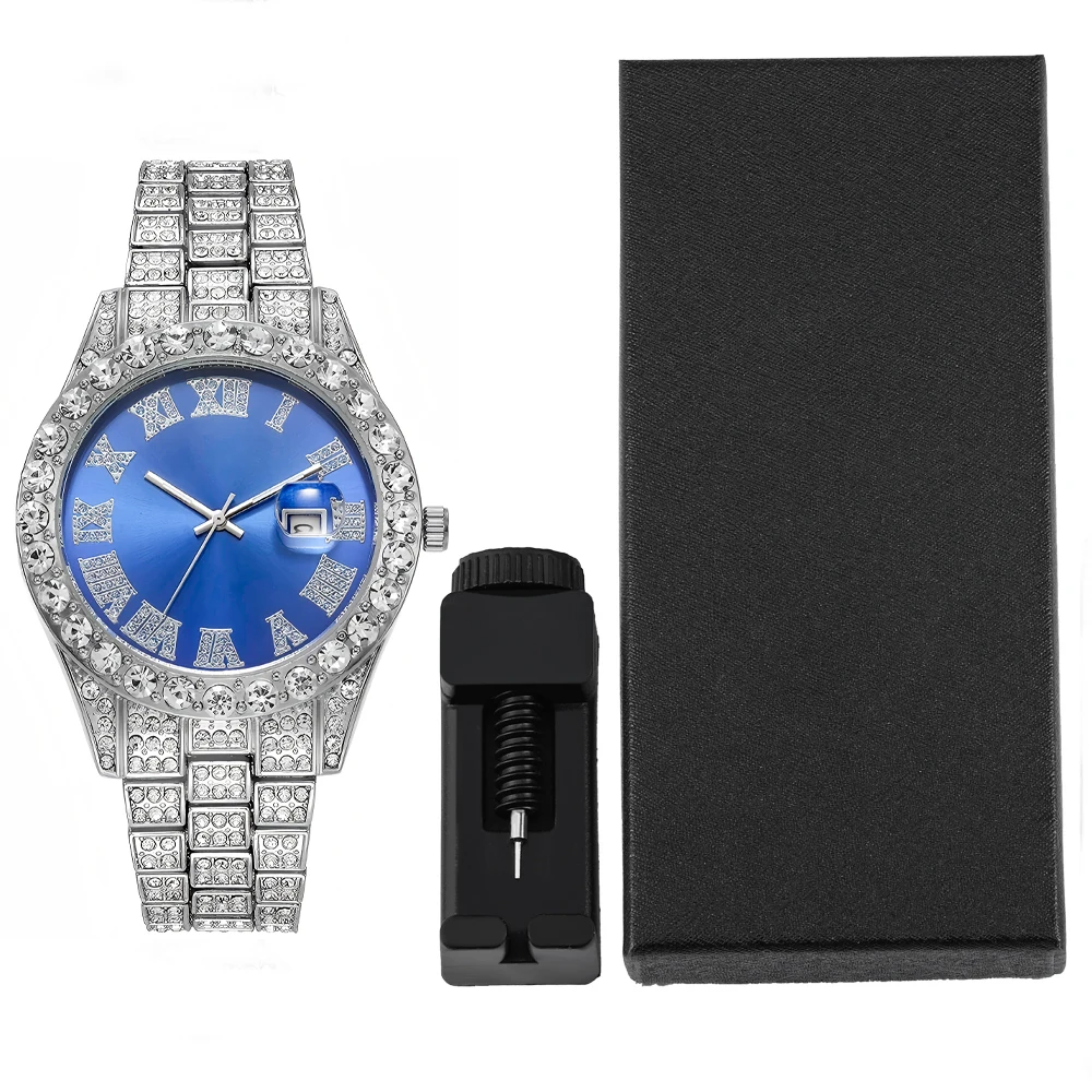 2-teiliges Hip-Hop-Punk-Uhrenset mit Diamantbesatz, runde Luxus-Herrenuhr, glänzendes Schmuckgeschenk mit Armbandversteller für Damen, Alltagskleidung – Detail 5