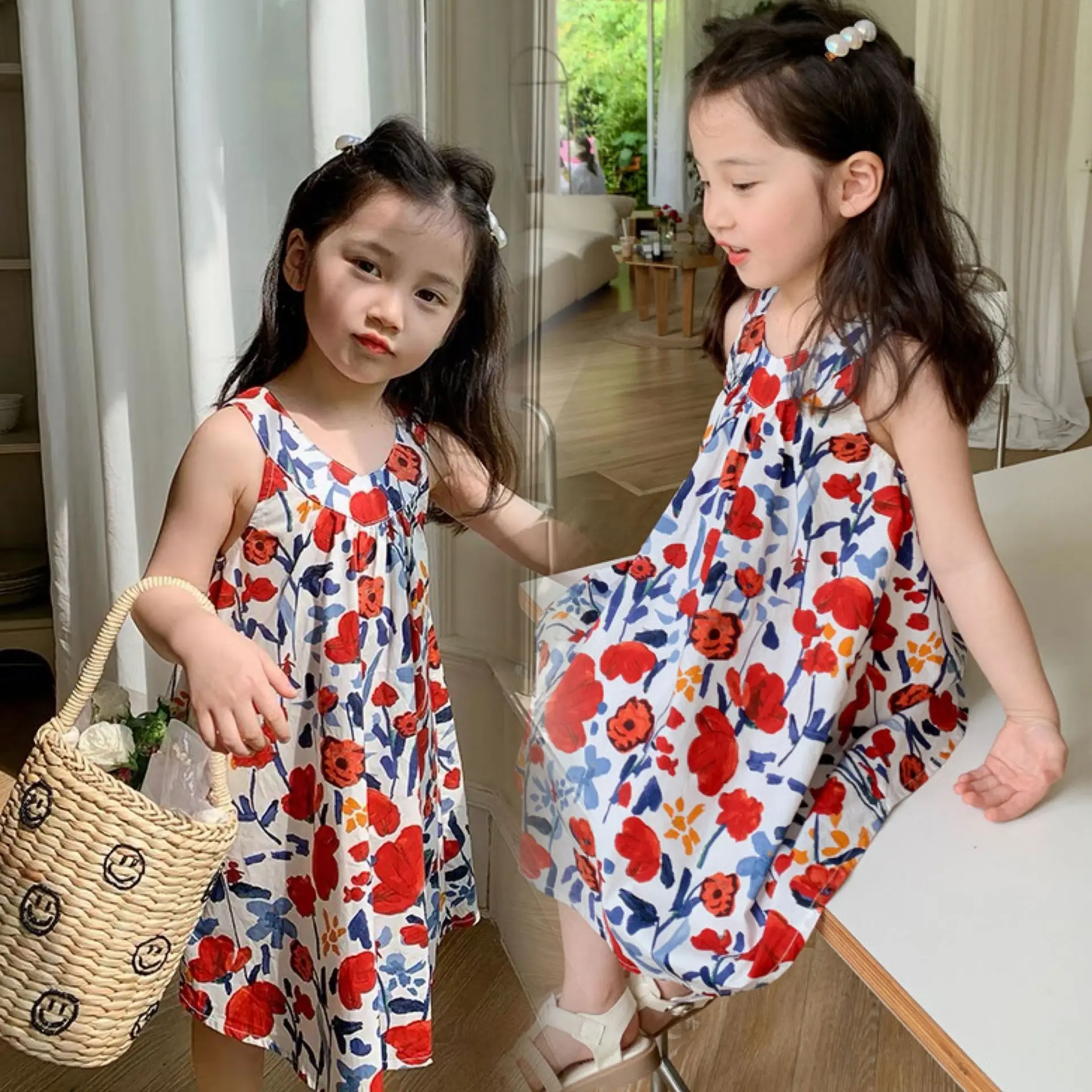 Girls' Retro Vest Skirt Summer Floral Lace-up Suspender Skirt Dress Children's Skirt 3-8 Years Old Children's Clothing