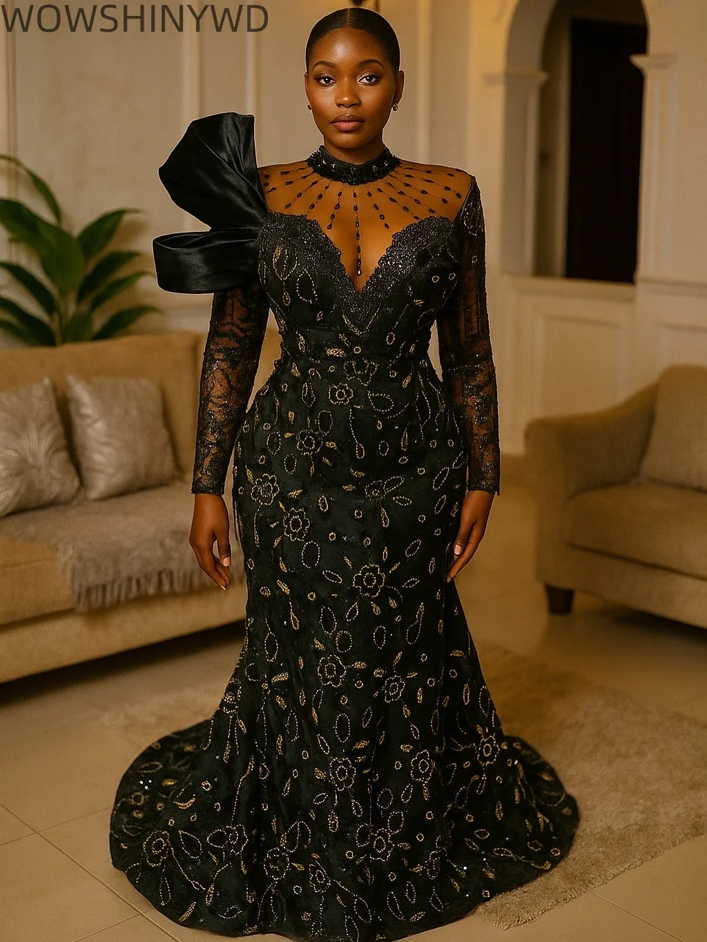 2025年 ブラック マーメイド プロムドレス ビーズ クリスタル スパンコール シアーネック イブニング フォーマル パーティー バースデー ガウン ドレス ZJ223