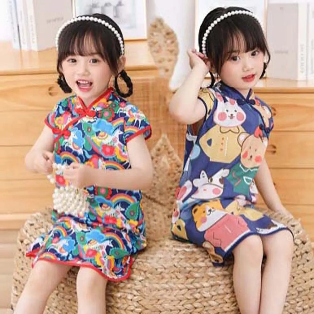 Cartoon Animals Children Cheongsam Princess Dress Girls Clothing Kids Girls Cartoon Skirt Panda Rabbits Short-Sleeved