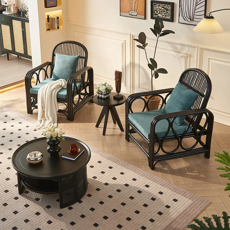 French-style Indonesian Real Rattan Backrest Hotel Chair and Coffee Table Three-piece Set