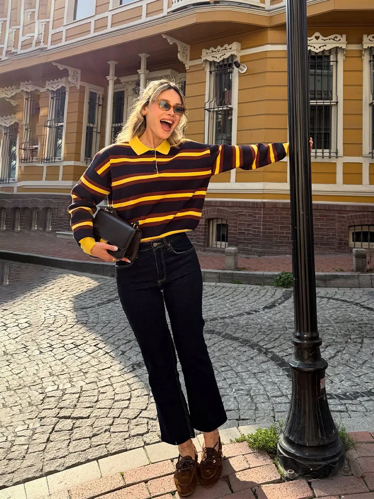 

HH New Woman Stripes Long Sleeves Button Decoration Polo Collar Pullover Knitted Sweater Female Slim Fit Leisure Tops