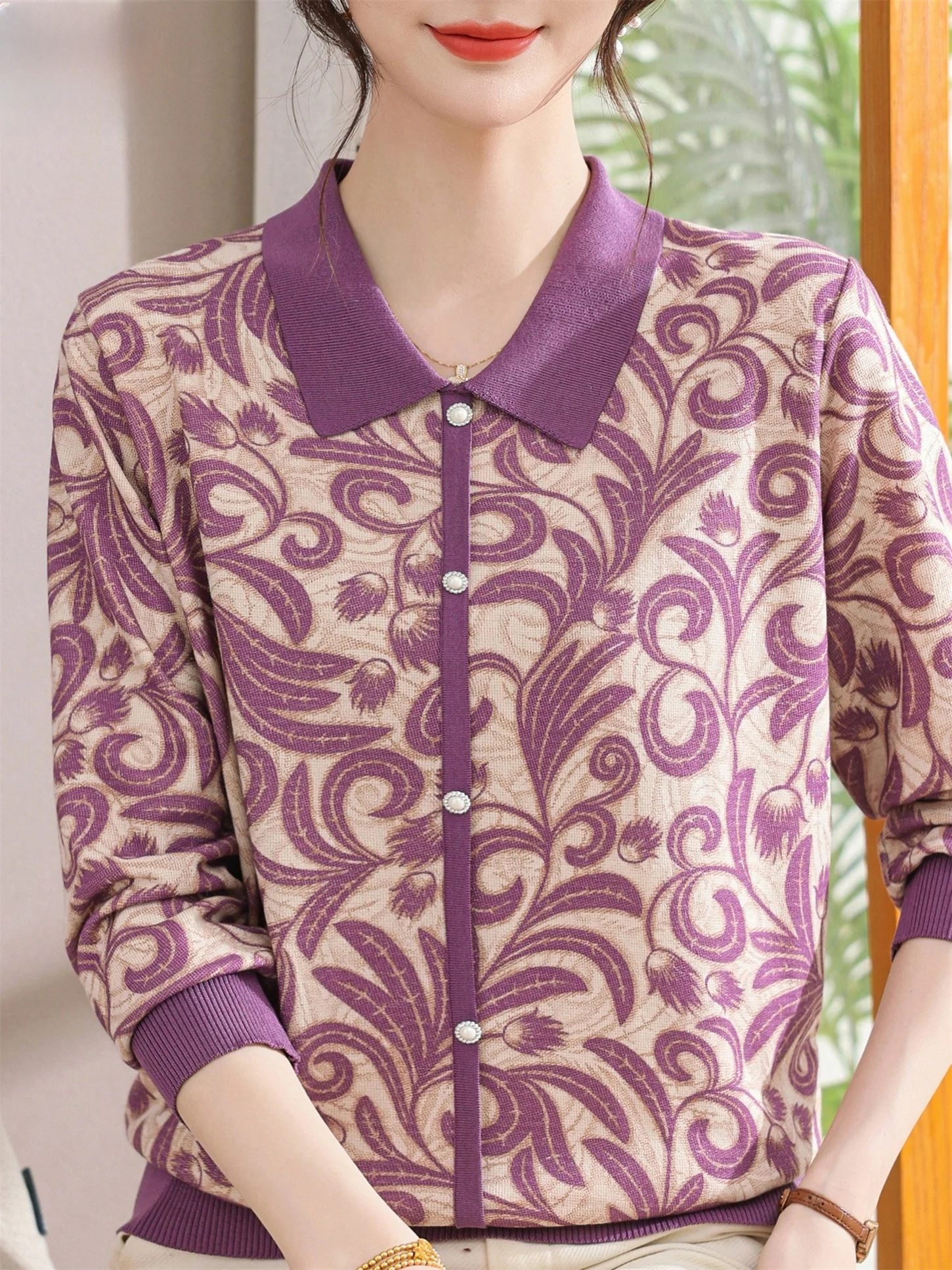 

Faionable Knitted Long Sve Turn-down Collar Base Layer Top for Middle-aged And ly Women Autumn Wear Casual Loose Fit