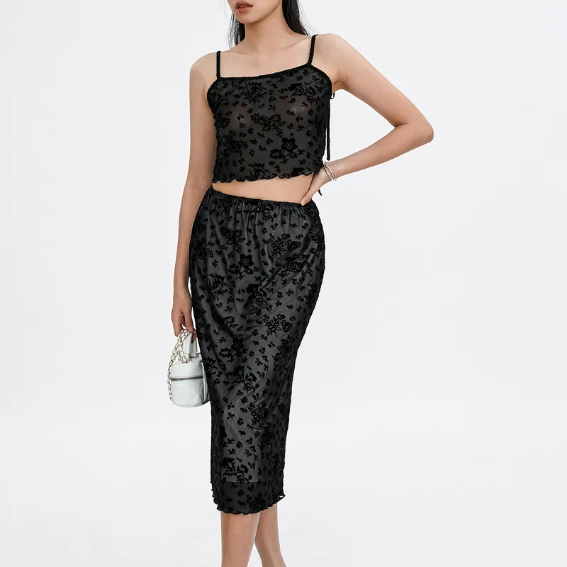 Women Sexy Two Piece Skirt Sets Summer Clothes Outfits See Through Lace Camisole Tops and Midi Bodycon Skirts Half Dress Sets