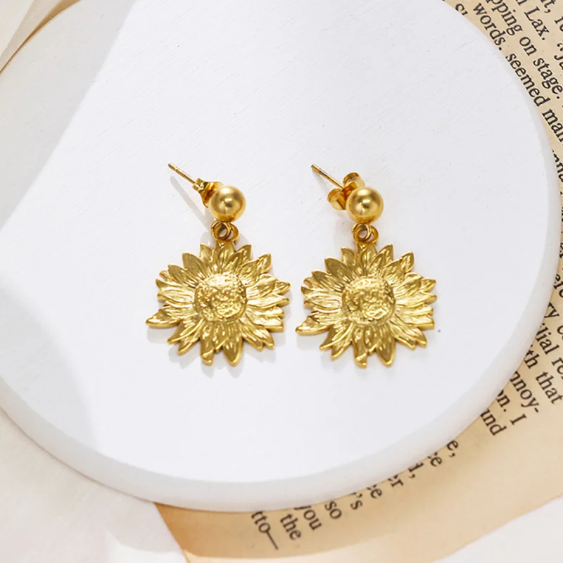 

Ins Style Sunflower Titanium Steel Earrings 18K Gold Plated Waterproof Non Allergic Exaggerated Jewelry for Women Girls Friends