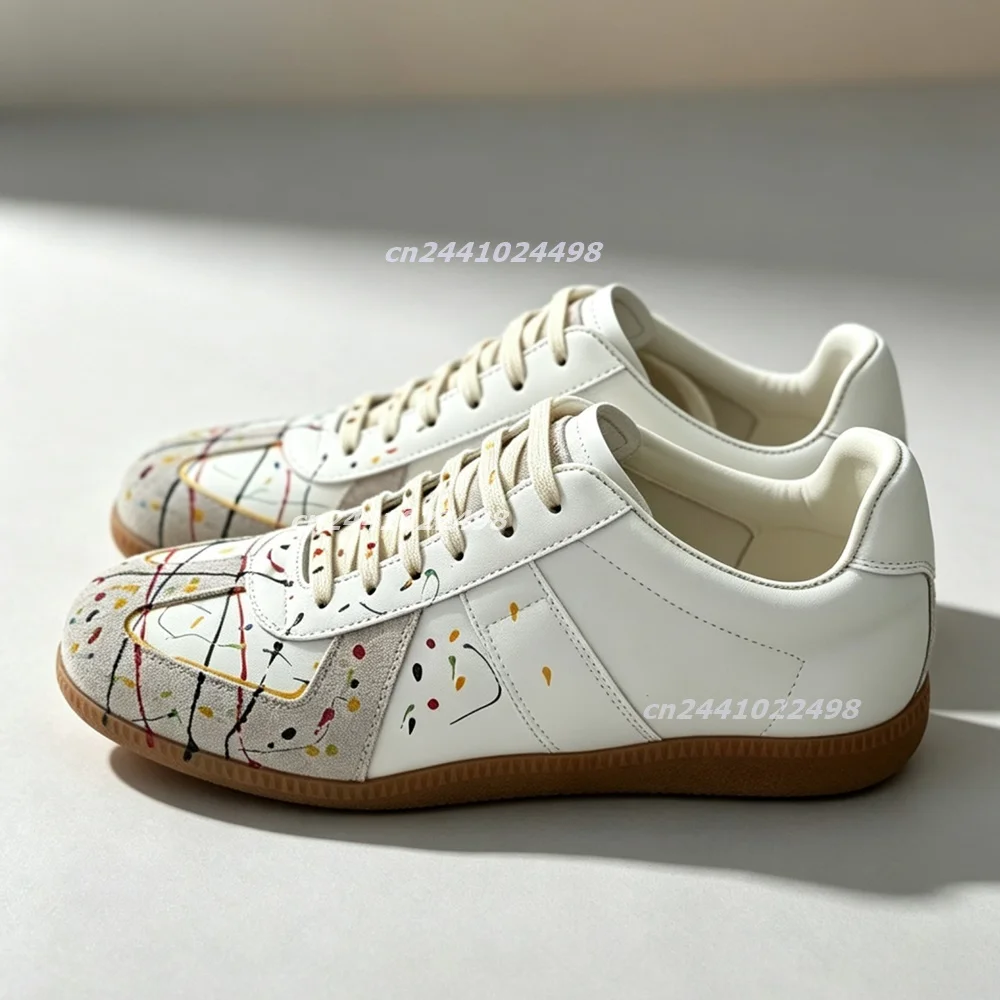Men Hand Painted Splash Ink Casual Sneakers, Colorful Graffiti Line Decor Lace Up Shoes Patchwork Matte Uppet Art Style Footwear