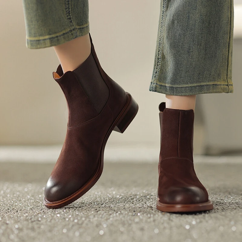 NEW Autumn/Winter Women Boots Round Toe Low Heel Chelsea Boots Genuine Leather Shoes for Women Retro Ankle Boots botas de mujer