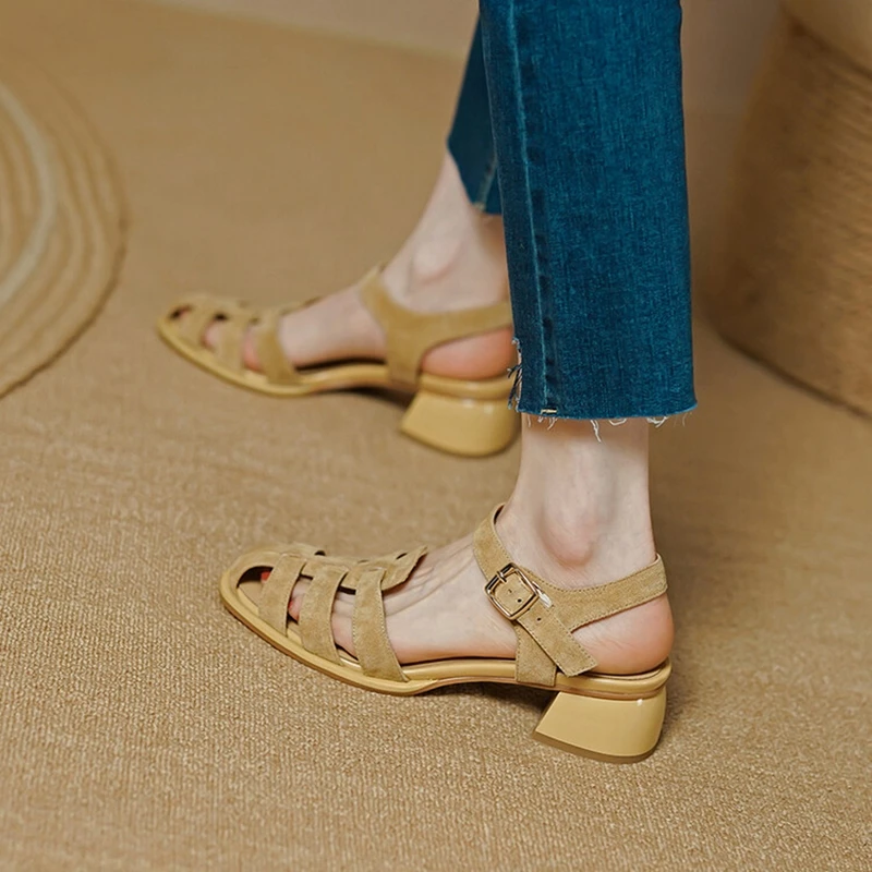 2024 Summer Women Shoes Round Toe Women Sandals Casual Suede Shoes for Women Roman Heels Green Genuine Leather Mid Heels