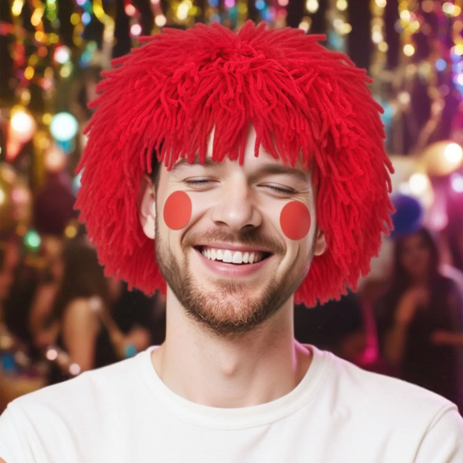 Synthetic Red Shaggy Bob Wig for Cosplay & Costume Parties - Funny Clown/Mop Style Red Fringe Wig Head for Halloween