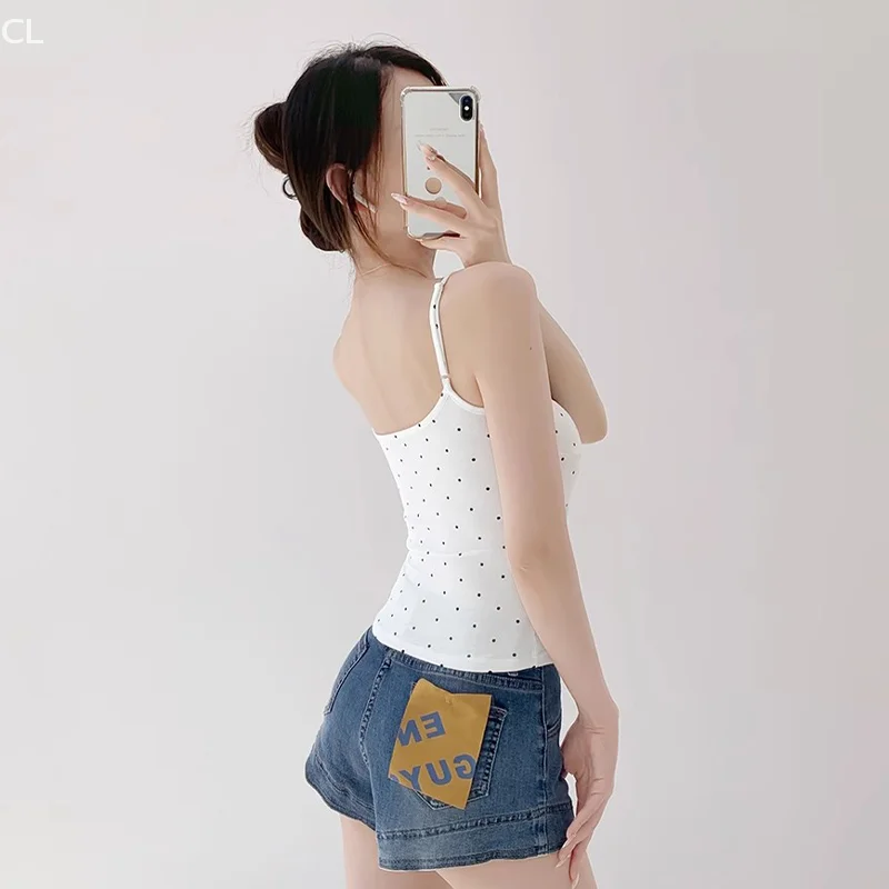 Dames Zomer Pure Lust Stijl Stippen Slanke Korte Sling Tops Zoet Pittig Meisje Kanten Randen Gesplitst V-hals Mouwloos Hemdje