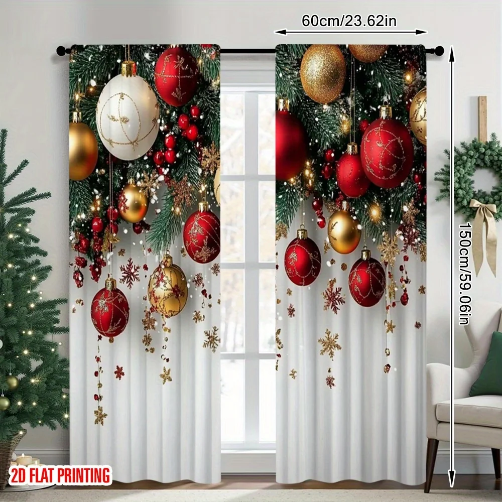 2pcs Christmas Drapes with 2D Flat Print Red Golden Ball Pine Snowflake, Durable Polyester for Photo Booth Holiday Party Decor