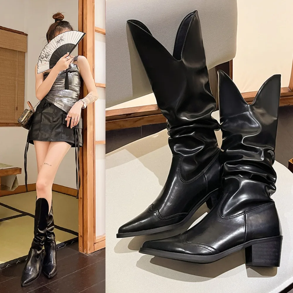 

Chunky Knee High Knight Boots Woman Chic Point Toe Block Heel Long Biker Booties Ladies Slip-on Brogue Botas De Mujer