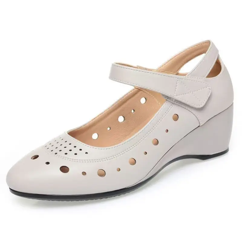 

Women's Leather Hollow Out Wedges Shoes Spring Summer New Round Toe Shallow Breathable Lightweight Velcro Work Shoes Nude Shoes