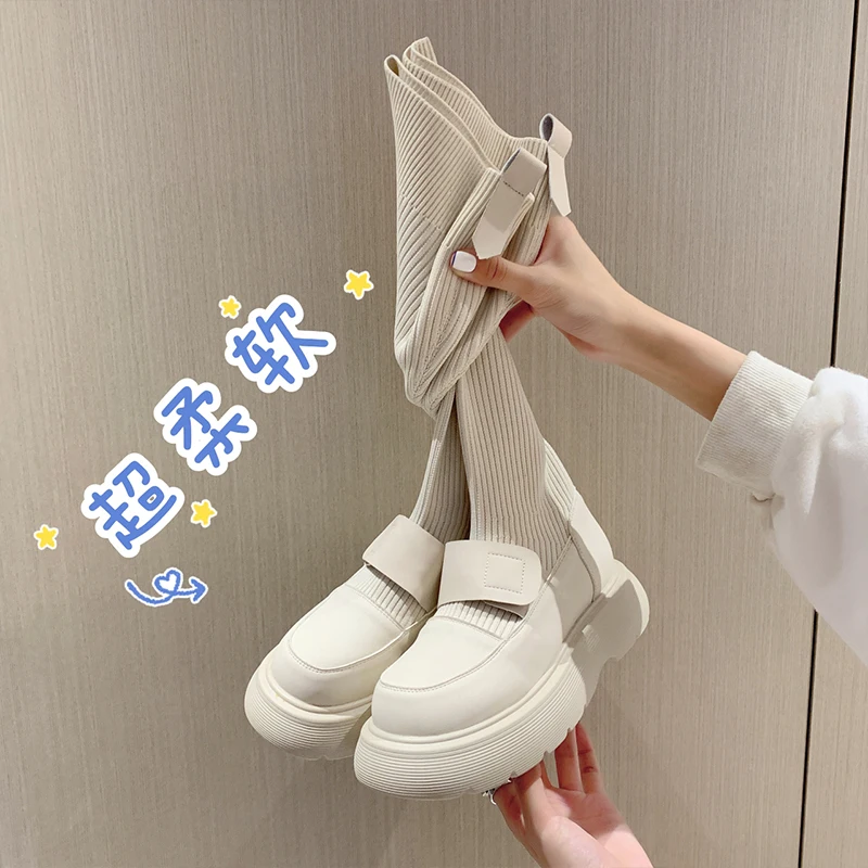 Shoes Boots Women New 2024 Round Toe  Flat Heel Clogs Platform Ladies Med Summer Lolita White Rubber Over-the-Knee Autumn