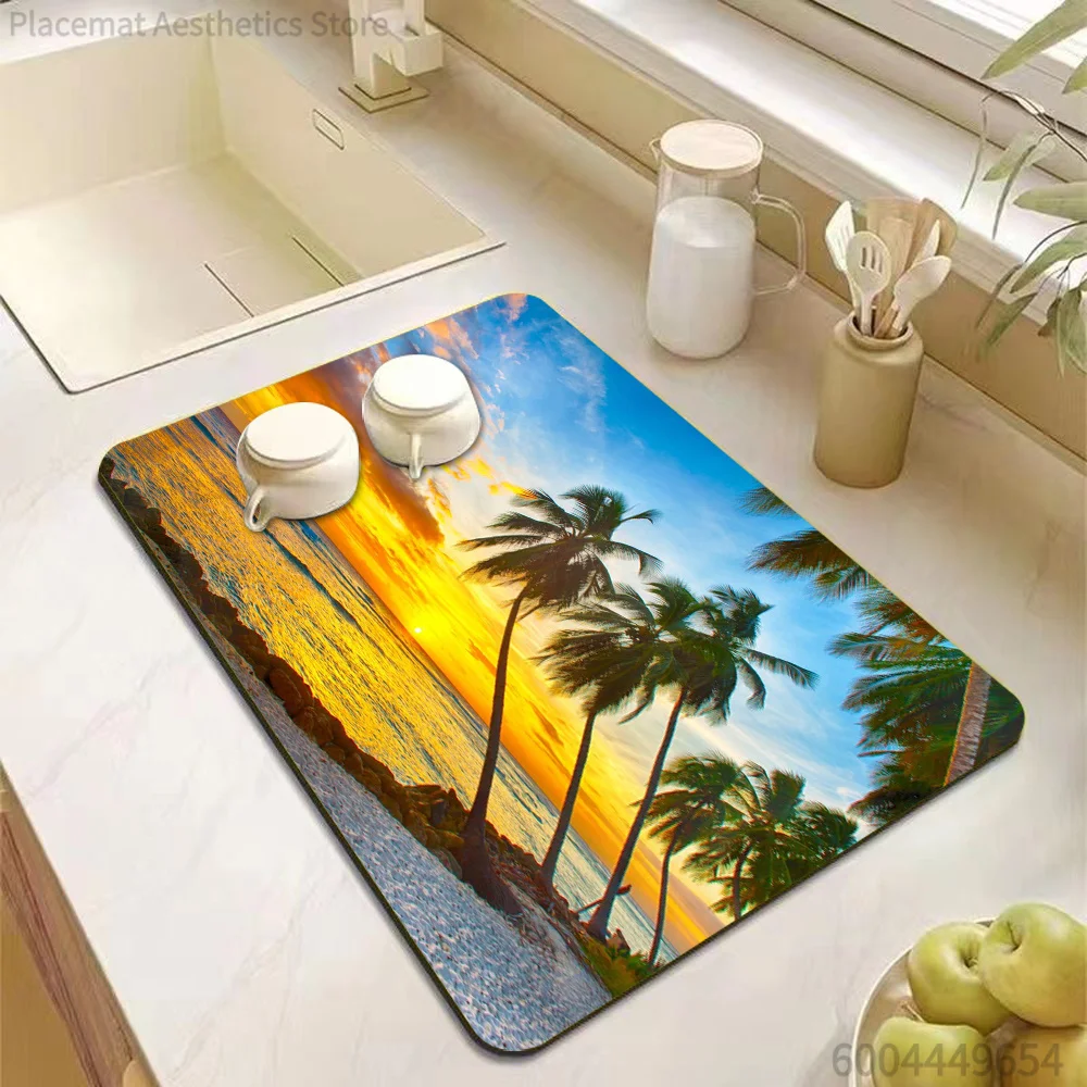 Beach Sunset Coconut Tree Print Super Absorbent Drying Mat Waterproof Kitchen Counter Drain Pad Decor Placemat
