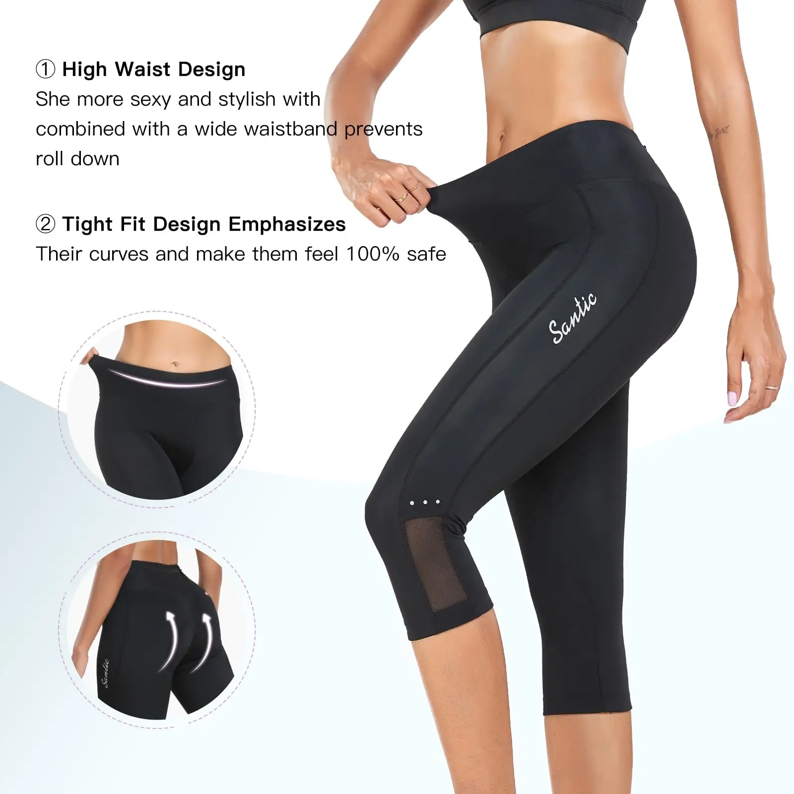 Santic Damen-Radhose mit gepolsterter 3/4-Radhose, Reitshose mit Taschen – Detail 4