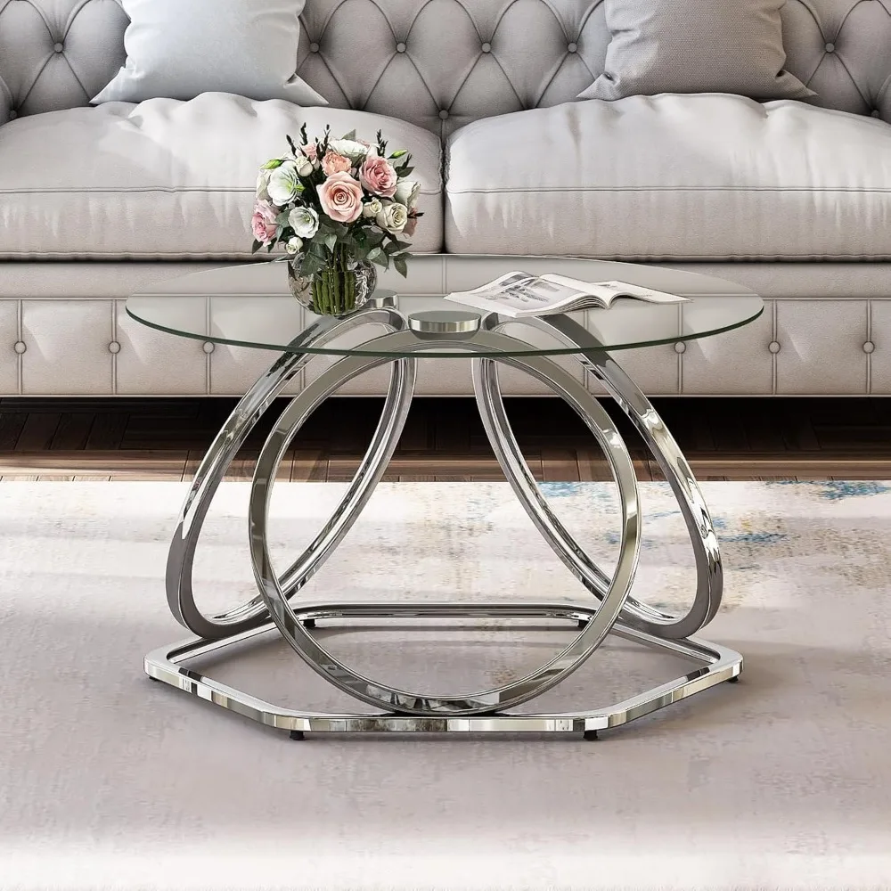 Coffee Table Modern Silver Coffee Living Room Table with Hexagonal Base, Round Coffee Table for HomeOffice, Chrome Finish