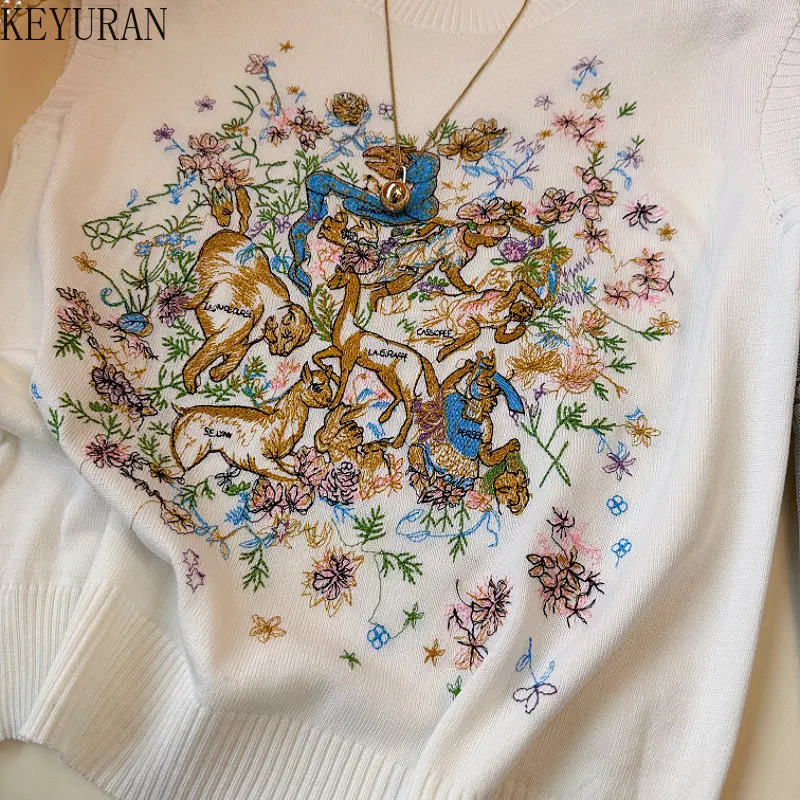 2023 Summer Embroidery Knitted Vest Women Vintage Pullovers Sleeveless Sweater Vests O-Neck Knitted Tank Crop Top Y2k Jumpers