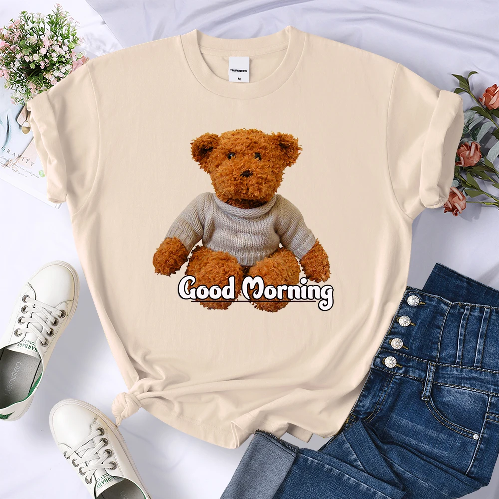 Good Morning Kawaii Teddy Bear Women Tshirt Brand Summer T Shirts Casual Sport Tee Clothing Street Harajuku Crop Top T Shirt