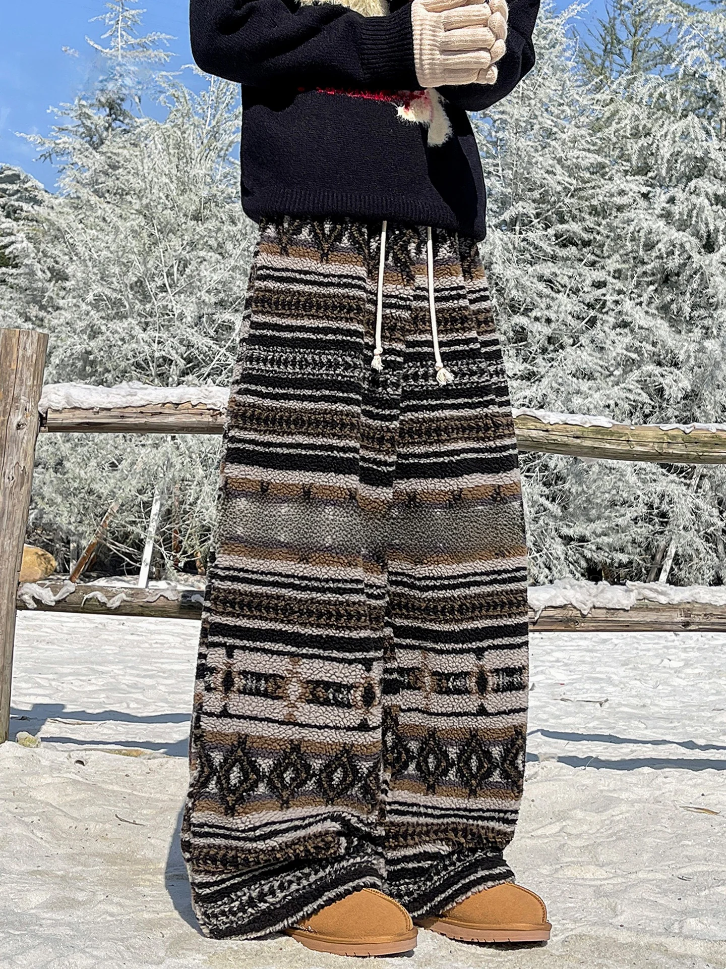 

Thiened Knitted Lamb Velvet Fce Lined Casual Pants Men Winter Lazy Sle Ethnic Pattern Warm Cotton Trousers Loose Fit W...