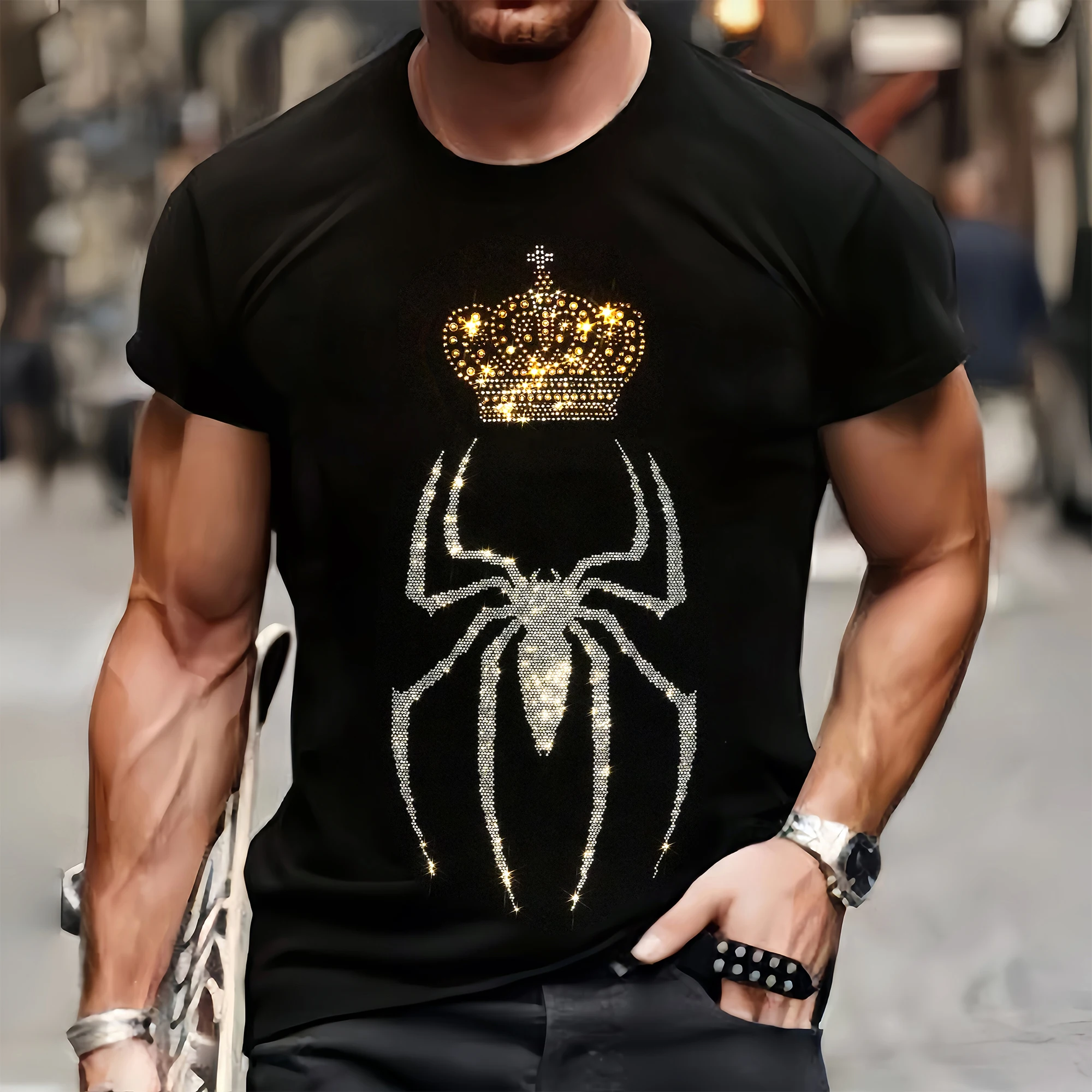 Luxury Mens Quality T-Shirts Casual Short Sleeve Clothing Tee Tops O-Neck Spider Rhinestone Tirp Tshirt Y2k Oversized S-3XL New