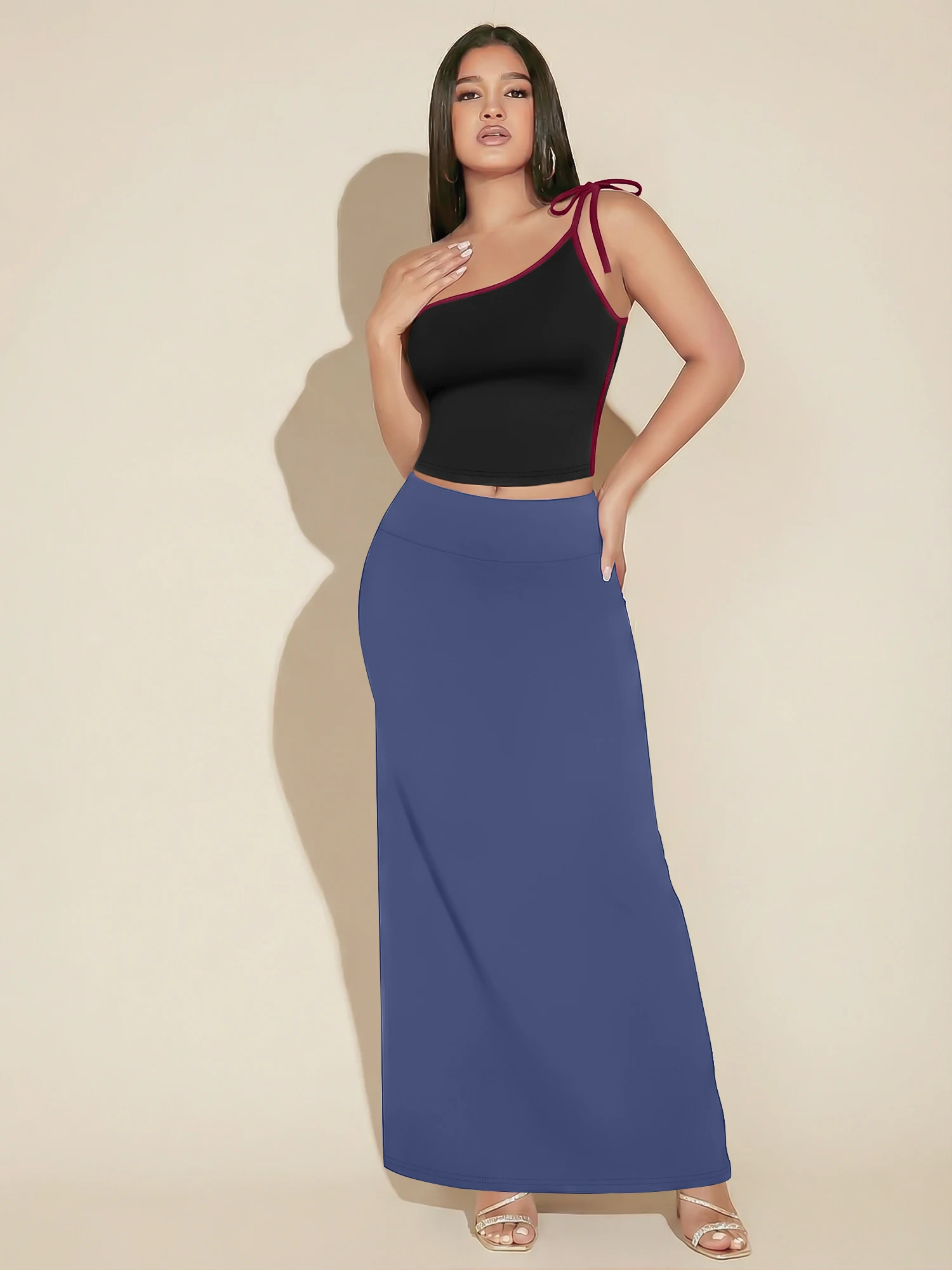 

Trendy Y2K Casual Matching Outfit Asymmetrical Bandage One Shoulder Top High Waist Flared Skirt Daily Street Female Clothes