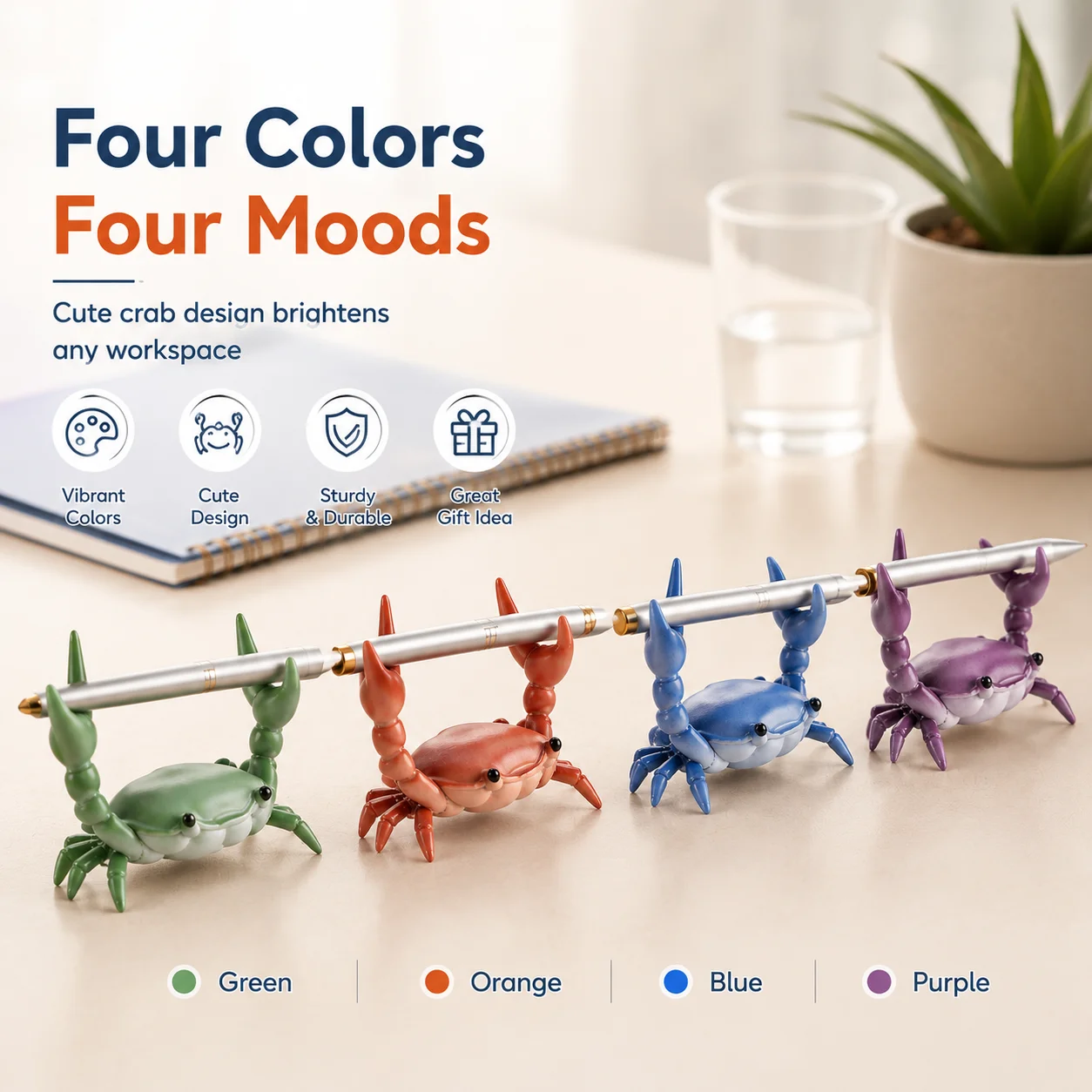 1/4 Pcs Cute Weight‑lifting Crab Pen Holder, Japanese Creative Style Desktop Storage Bracket, Decorative Stationery Rack