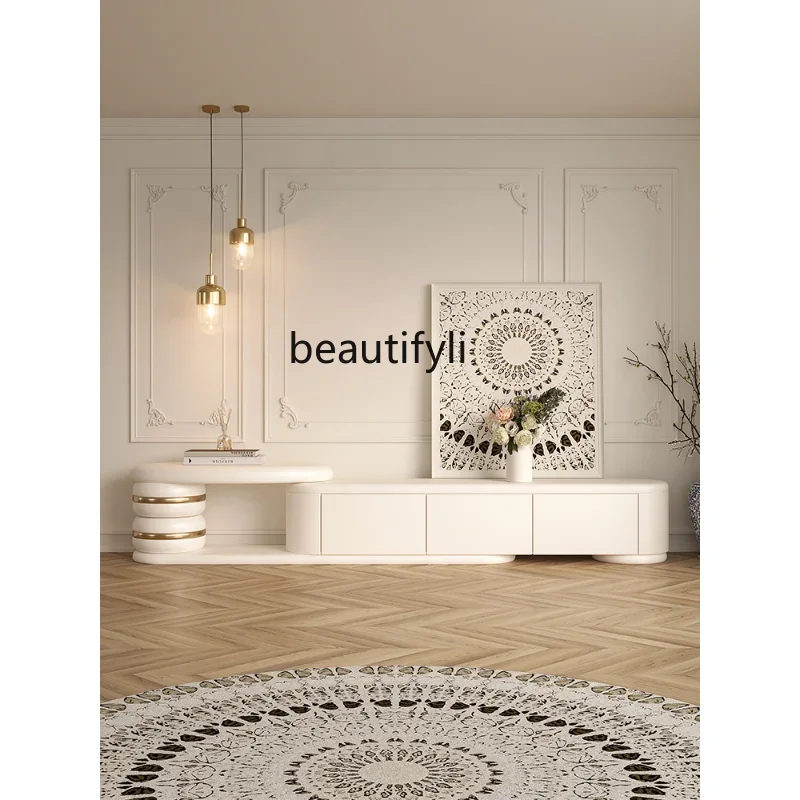 

French Cream Style TV Cabinet, Tea Table Combination, Living Room, Solid Wood, Advanced Floor Light