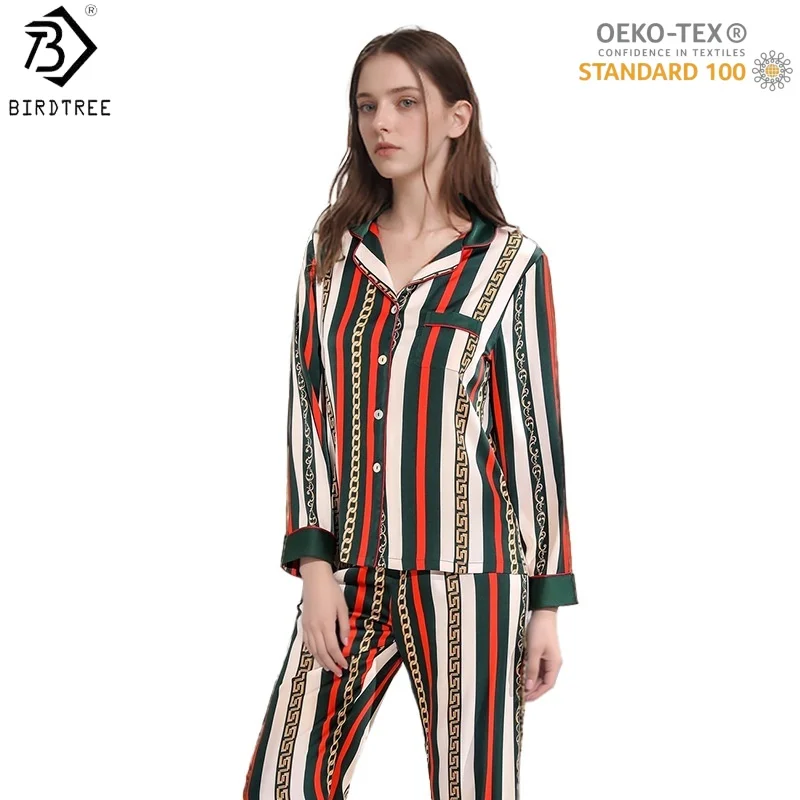 

BirdTree,OEKO-TEX,19MM 100% Silk Pajamas Set,Women's Stripe Full Sleeve Lapel Homewear Sleep Clothes,2026 Spring New P61210JF