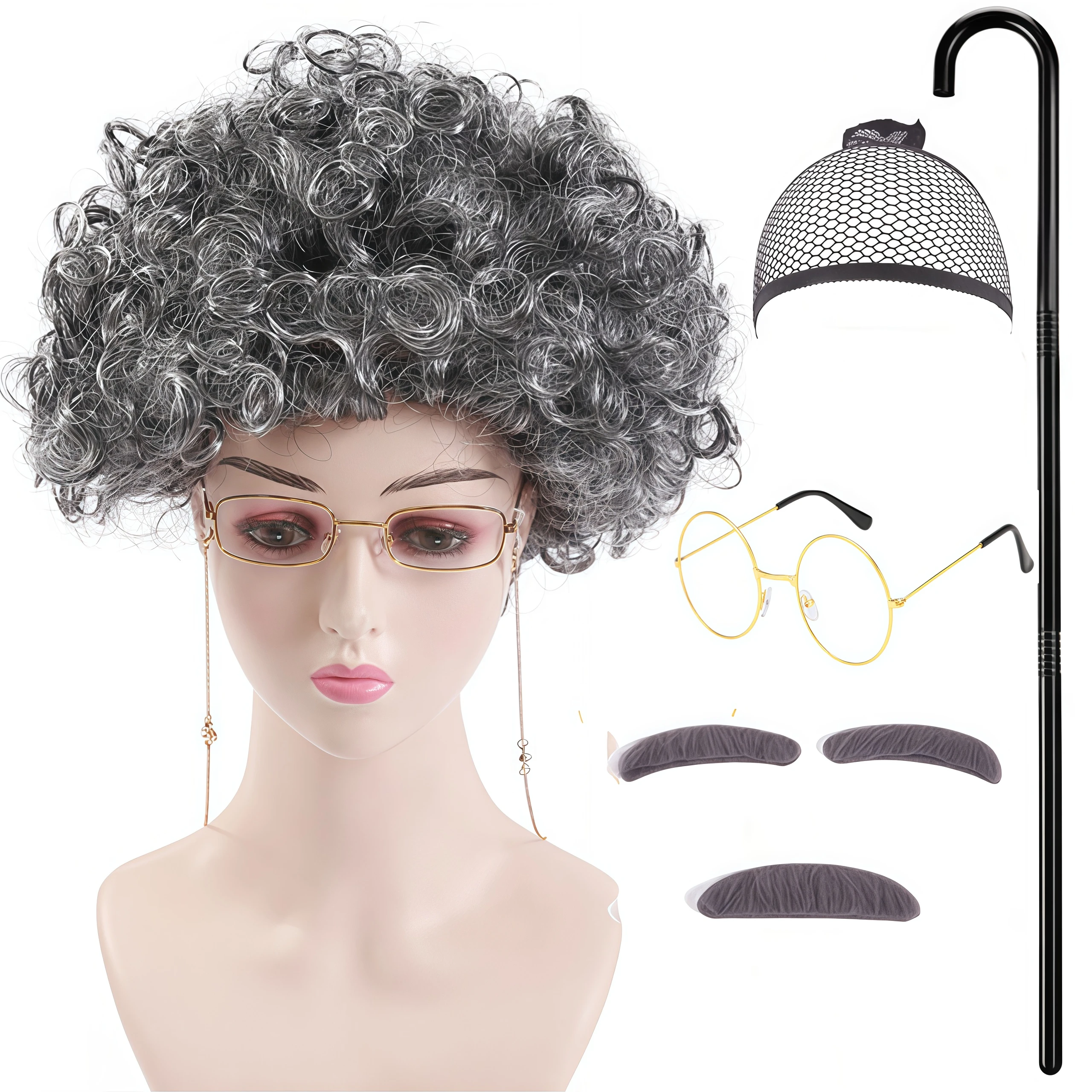 Zestaw Akcesoriów dla Starszej Pani, Babci, Dziadka, 100 Dni Szkoły, Przebranie dla Dzieci, Maskarada, Halloween, Karnawał, Cosplay, Występ, Rekwizyty dla Starszego Pana