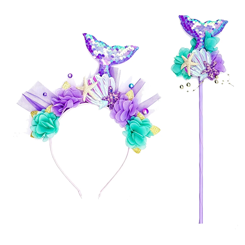Girls Mermaid Costume Accessory Kit Crown Tiara Starfish Headband Magic Wand Decorative Shell Glasses Birthday Halloween Party