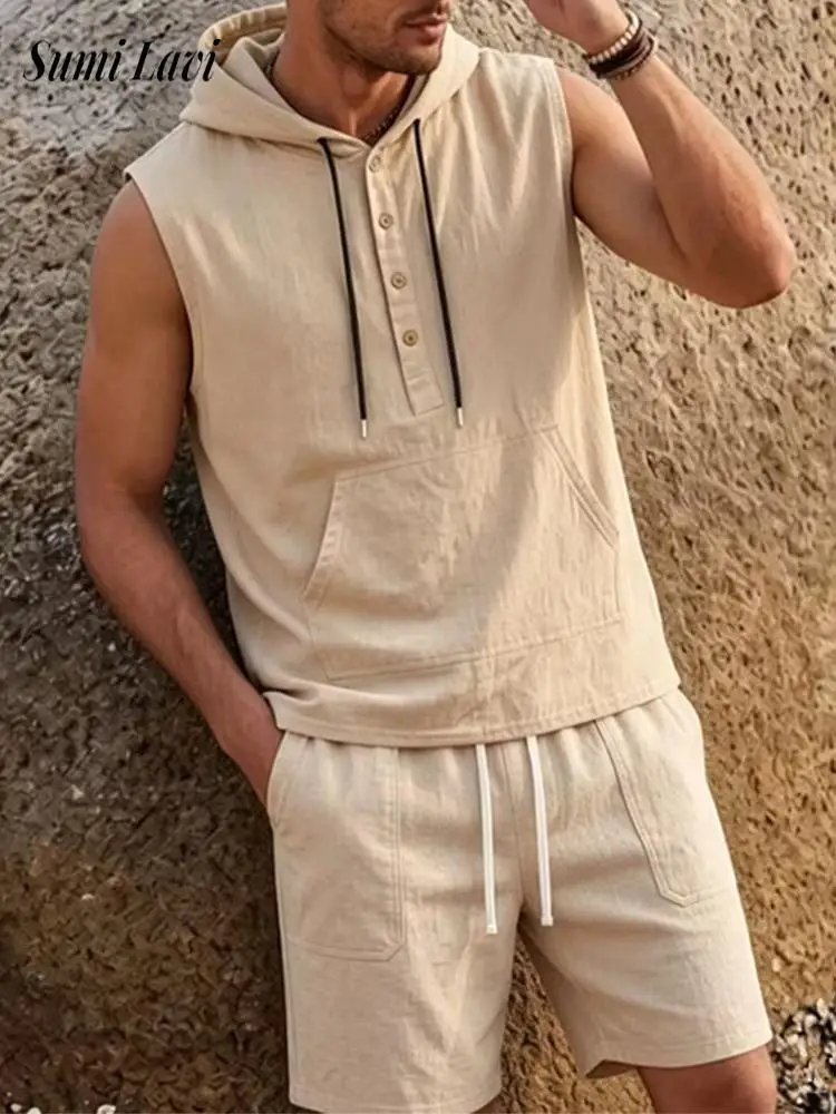 Daily Leisure Linen Two Piece Sets Mens Trendy Hoddie Lave-up Outfits Summer Casual Loose Fit Sleeveless Tops And Shorts Suits